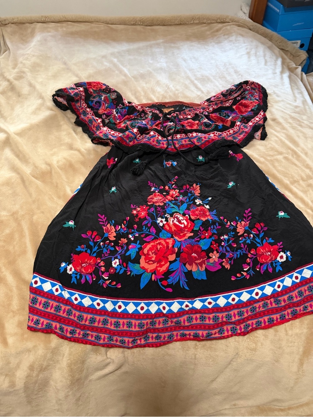 Flying Tomato Black Floral Off-Shoulder Mini Dress with Red & Blue Bouquet Small